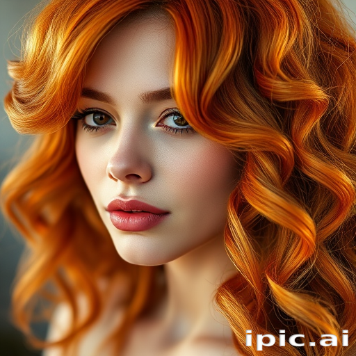 Radiant close-up of a woman with Sunburst Copper tresses, a rich orange-red hue with golden highlights, styled in voluminous vintage waves