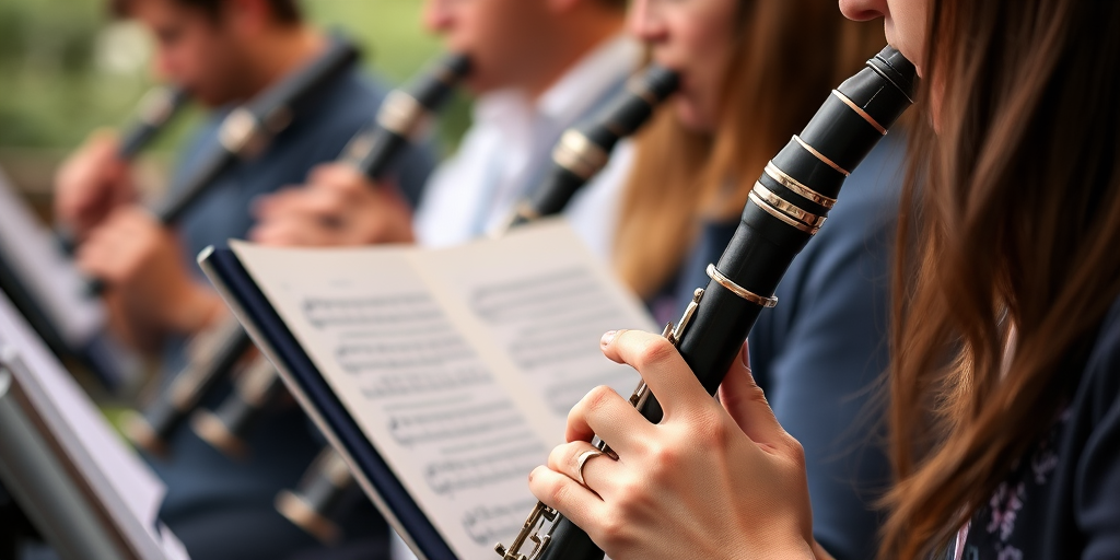 capture a close-up view of musicians playing clarinets with sheet music in focus, aperture f/2.8, shutter speed 1/125s, ISO 400, shallow depth of field, DSLR camera, natural lighting, portrait orientation