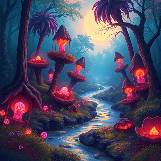 Create a detailed digital illustration of a fantasy landscape with vibrant colors, focusing on a mystical forest with glowing plants and a river flowing through, captured with a DSLR camera, 50mm lens, f/1.8 aperture, ISO 100, soft focus background for depth, and a warm sunlight filter effect.