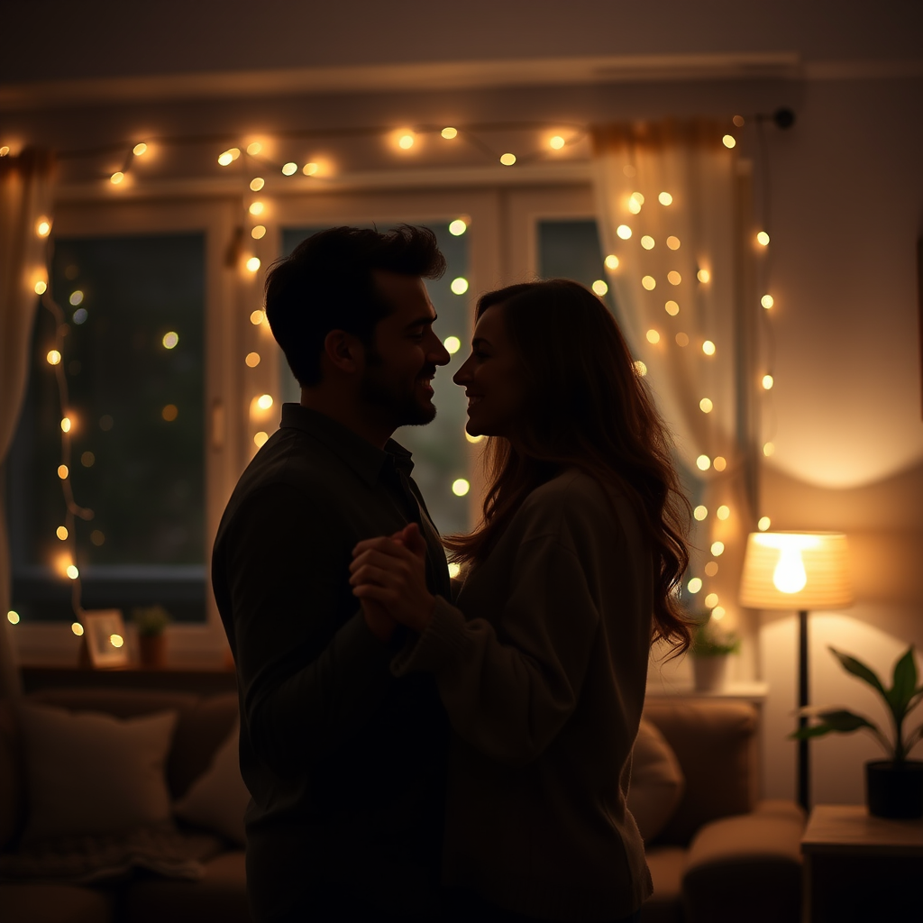 Low-light, intimate photo of a couple dancing in their living room, fairy lights strung up around the windows, soft music playing in the background, their faces close together, warm lighting from a small lamp casting long shadows on the walls, a gentle smile on both of their faces.