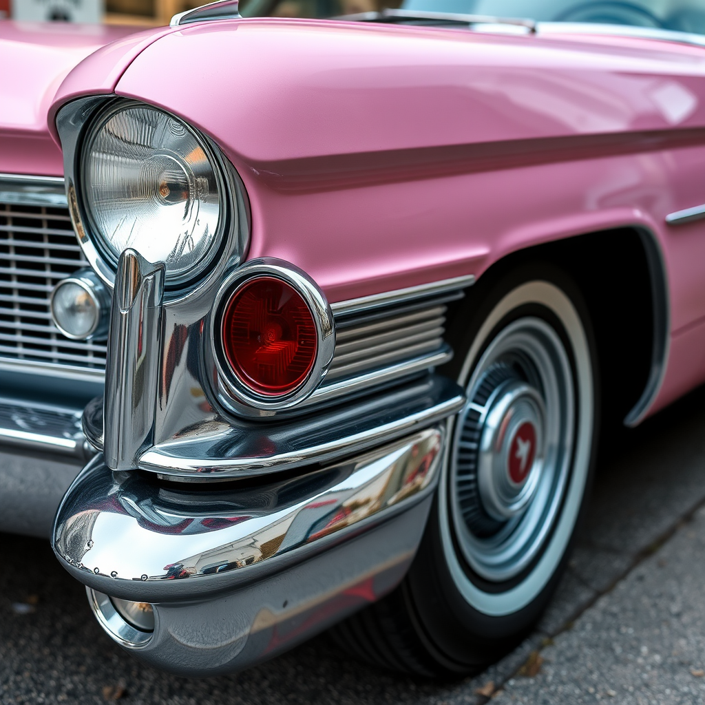 Capture a side view of a vintage pink Cadillac, ensuring high detail and sharpness, using a Canon EOS R5 with a 50mm lens, f/1.8 aperture, ISO 100, and a high-resolution setting to enhance image quality.