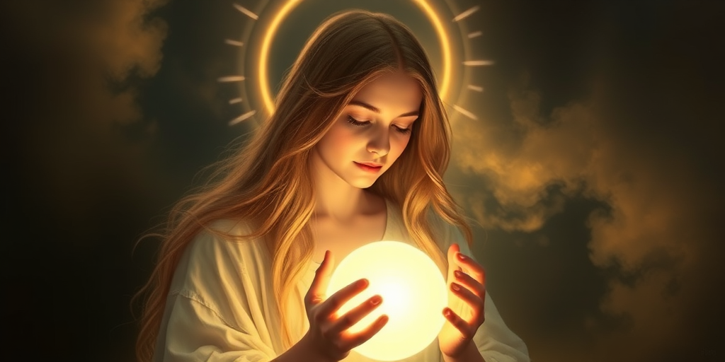 Create a digital painting of a serene figure with long hair and a glowing halo, gently holding a radiant sphere of light in their hands, set against a dark, ethereal background; use a Canon EOS R5 camera, 50mm lens, f/1.8 aperture, ISO 100, and soft focus for a luminous effect.