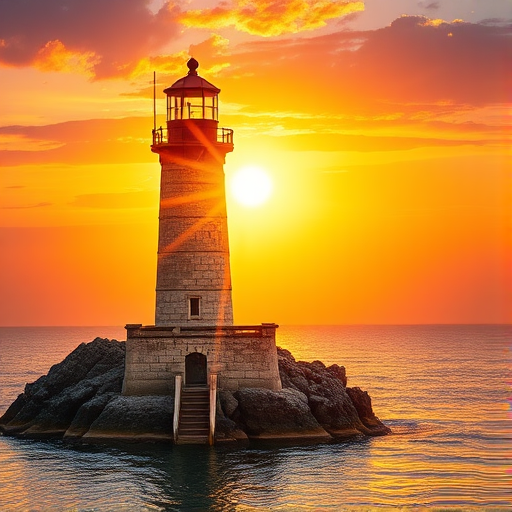 Generate an image of a tall lighthouse perched on a rocky outcrop surrounded by calm ocean waters during a breathtaking sunset. The lighthouse stands sturdy and weathered, its stone surface illuminated by the warm golden light of the setting sun. The sun's rays pass directly through the glass lantern room at the top of the lighthouse, casting a brilliant light across the scene. The sky is painted with vibrant shades of orange, pink, and purple, reflecting off the tranquil sea. The surrounding water shimmers with the same warm hues, creating a serene and majestic atmosphere.