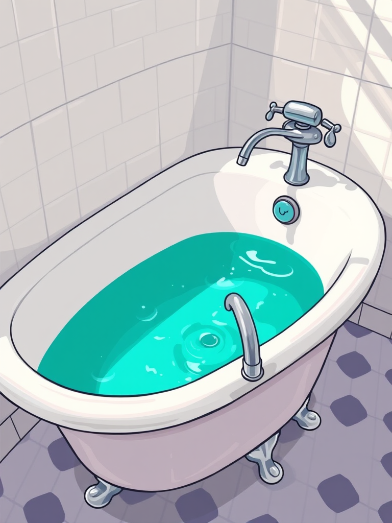 Create a high-resolution cartoon-style illustration of a vintage bathtub with vibrant turquoise water and a shiny faucet, using a Canon EOS R5 with a 50mm lens, aperture set to f/1.8 for a shallow depth of field, shot from an eye-level angle to enhance detail and dimension.