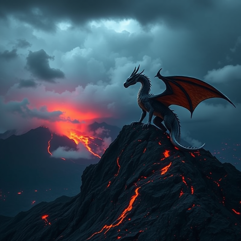 create a cinematic image of a majestic dragon perched on a volcanic mountain, surrounded by fiery lava and dark stormy clouds, use a DSLR camera with a 50mm lens, f/1.8 aperture, ISO 100, shutter speed 1/250s, wide-angle view, high dynamic range, and vivid colors for enhanced detail and depth.