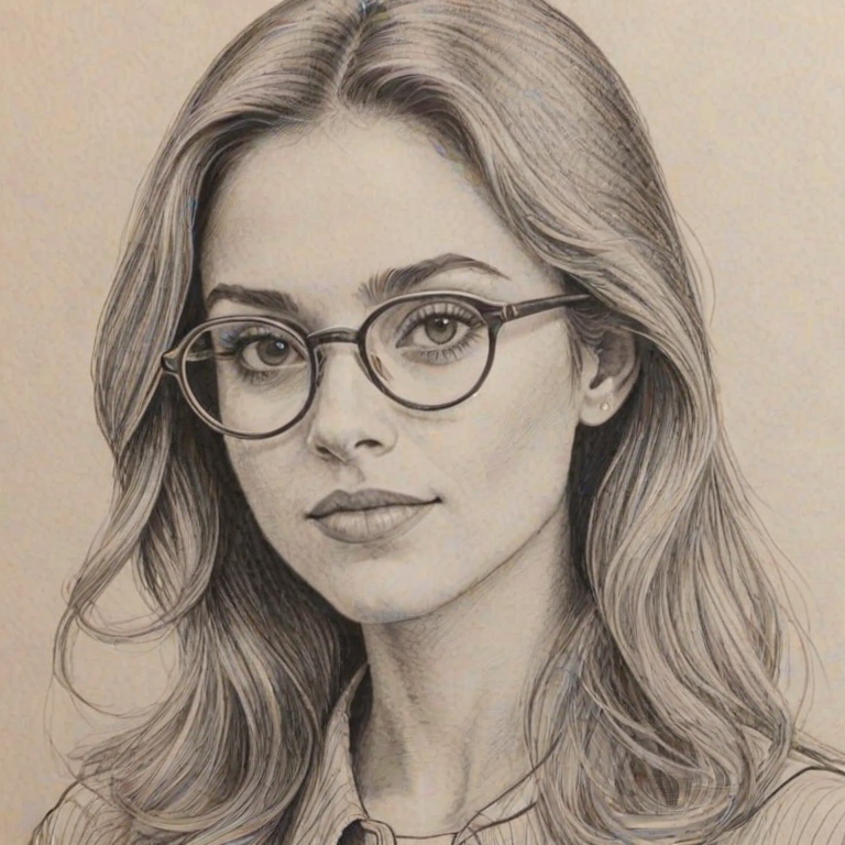 Radiant Ariana Greenblatt, pencil sketch, portrait of Ravishing woman 1971s in glasses, hair style beatnik, outline, clear lines, fine lines, 8k