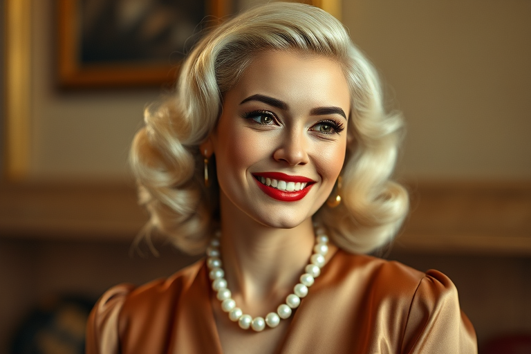 A beautiful Inca woman reminiscent of 1950s Hollywood glamour, with perfectly styled blonde hair and a seductive smile, dressed in a satin blouse and adorned with pearls, soft and warm tones, photorealistic, 8K