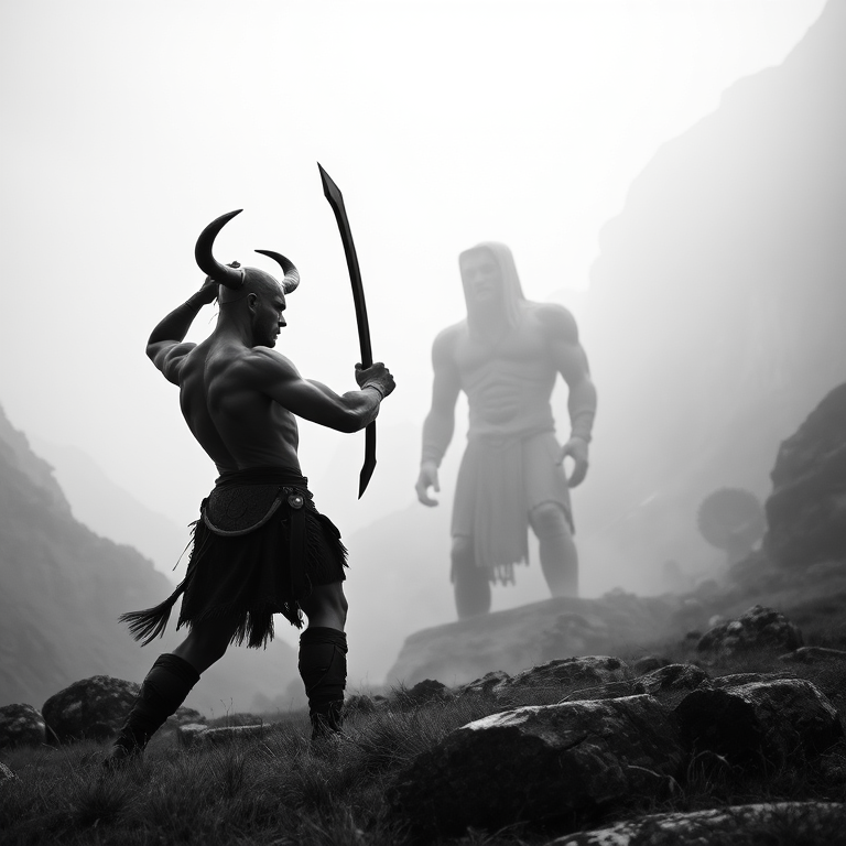 Create a dramatic black and white image of a muscular bull-headed warrior engaging a giant stone figure in a foggy mountain landscape with soft lighting, using a DSLR camera with a 50mm lens at f/2.8, ISO 100, and a low-angle perspective to enhance depth and detail.