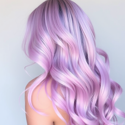 Ethereal lavender-tinted tresses in the "Mystic Meadow" style, long flowing layers with subtle pastel pink balayage, soft beachy waves cascading down back, face-framing pieces delicately curled, iridescent sheen reflecting light beautifully