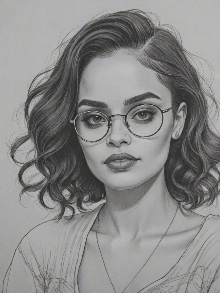 Fascinating Kehlani, pencil sketch, portrait of Bewitching woman 1931s in glasses, hair style beatnik, outline, clear lines, fine lines, 8k