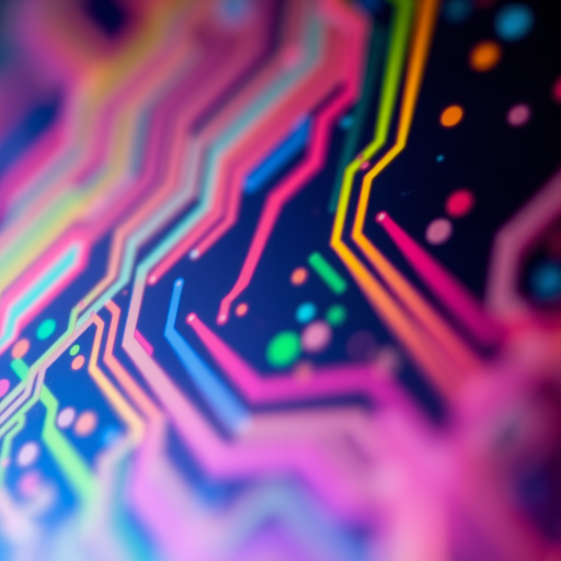 Create an abstract digital circuit pattern with vibrant colors and high contrast, captured with a DSLR camera at f/2.8 aperture, ISO 100, and a shutter speed of 1/60s, using a macro lens to enhance detail and a soft focus effect.