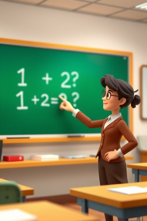 Create an animated classroom scene featuring a teacher pointing to a chalkboard with the equation 1+2=?, use a DSLR camera with a 50mm lens, aperture f/1.8, ISO 100, and a shallow depth of field for a vibrant, crisp focus on the teacher while softening the background.