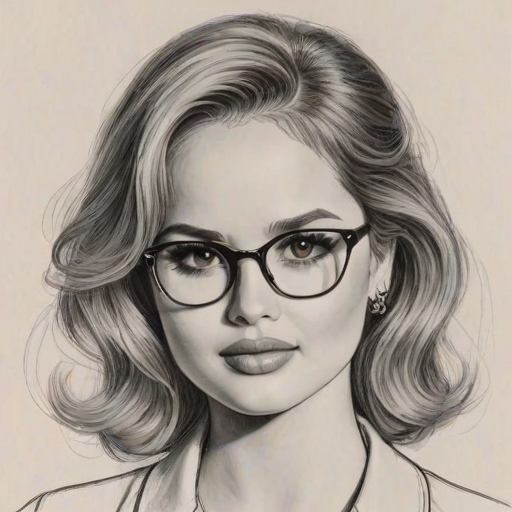 Captivating Debby Ryan, pencil sketch, portrait of Splendid woman 1954s in glasses, hair style beatnik, outline, clear lines, fine lines, 8k