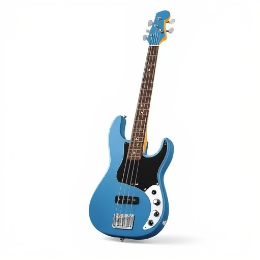 Create a high-quality illustration of a blue electric bass guitar positioned upright with a plain white background, using a DSLR camera with a 50mm lens, aperture f/2.8, ISO 100, and a shallow depth of field for a crisp, detailed focus on the guitar.