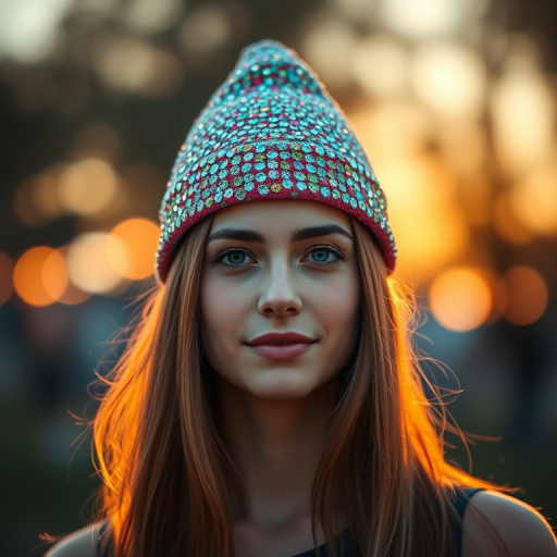 Portrait of a young woman wearing a sparkling rainbow hat, soft focus bokeh background, golden hour lighting, 85mm f/1.4 lens, ISO 100, aperture f/1.4, DSLR camera, shallow depth of field, high dynamic range.