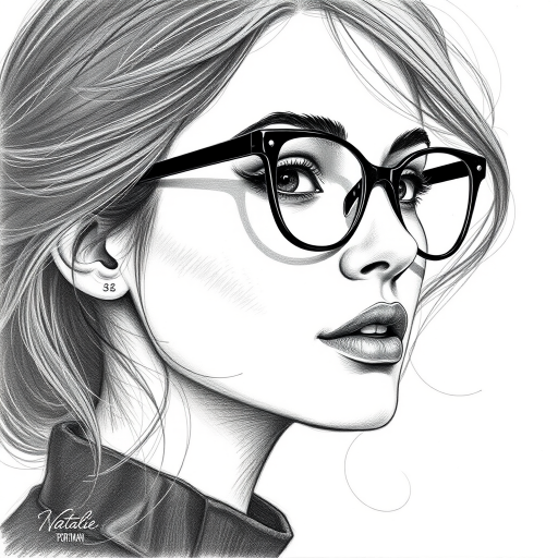 Beautiful Natalie Portman, pencil sketch, portrait of beautiful woman 60s in glasses, hair style beatnik, outline, clear lines, fine lines, 8k