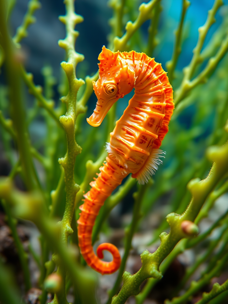 underwater scene of a vibrant orange seahorse among green seaweed, soft diffused natural lighting, camera settings: f/8, 1/250s, ISO 200, 24mm lens, shallow depth of field, shot with a DSLR camera at eye level, high detail and clarity in underwater environment