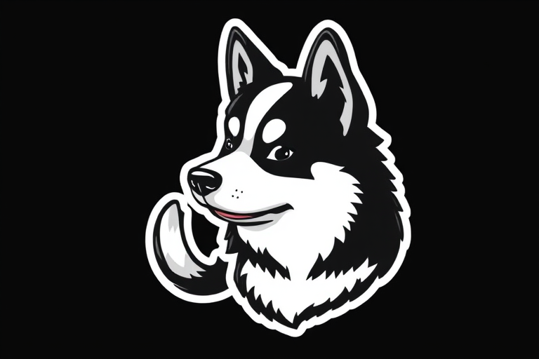 imagine sticker, 3D black and white jindo dog breed, black background