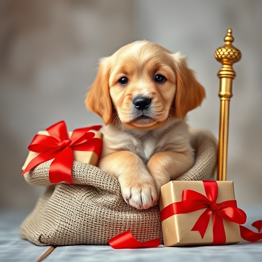 A golden retriever puppy sitting in a burlap sack with a red bow, a gift box with a red ribbon beside it, and a gold staff, captured with a DSLR camera at f/2.8, 1/250s, ISO 100, using a shallow depth of field for a soft background blur.