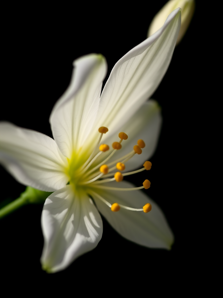 Capture a close-up of a white flower with yellow stamens against a dark background using a DSLR camera, 50mm lens, aperture f/2.8, ISO 100, and soft natural lighting to enhance details and colors.