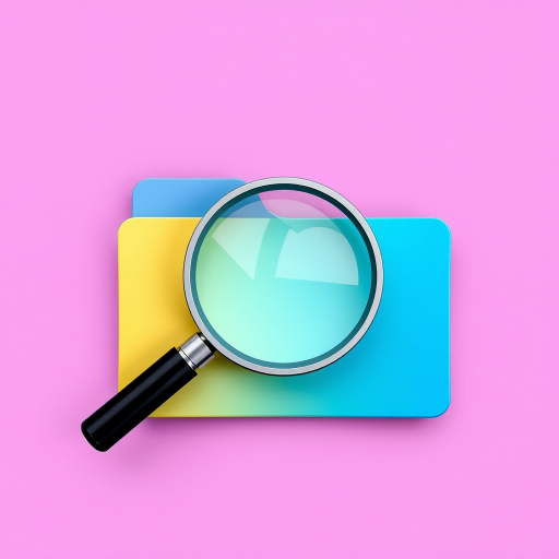 Create an image of a folder icon with a search magnifying glass overlay, ensure a vibrant color palette, use a Canon EOS 5D Mark IV, aperture f/2.8, shutter speed 1/100s, ISO 100, captured from a front view in a flat lay style, focus on high-resolution clarity and smooth gradients.