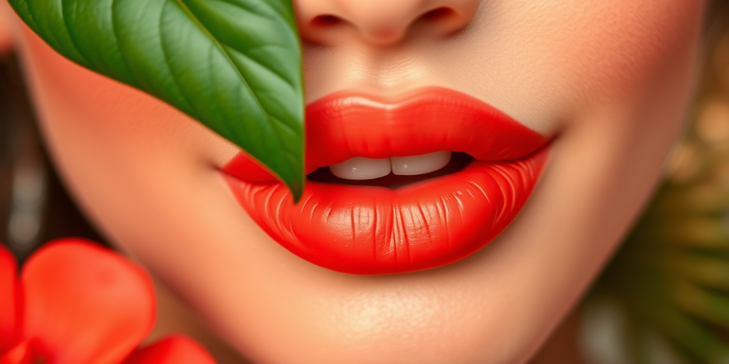 Luscious coral lips with a satin finish, exuding warmth and vitality, perfect for a tropical-inspired makeup look or summer aesthetic