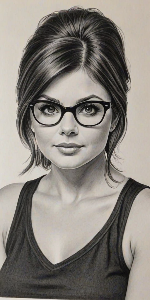 Superb Tiffani Thiessen, pencil sketch, portrait of Bewitching woman 1964s in glasses, hair style beatnik, outline, clear lines, fine lines, 8k