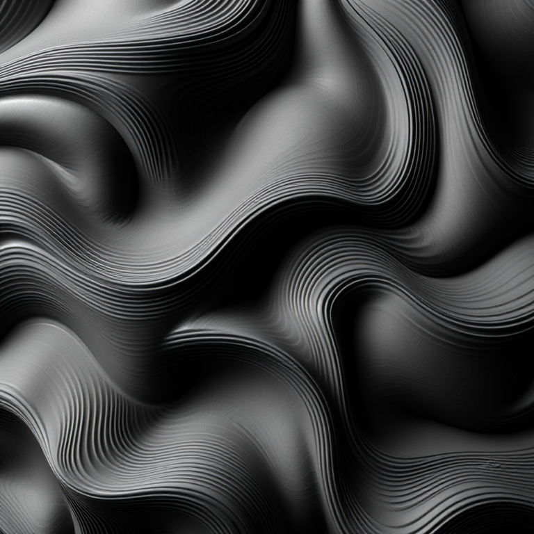 Create a highly detailed abstract pattern with smooth undulating lines and gradients in monochrome, captured with a DSLR camera at f/8 aperture, ISO 200, 18mm lens, top-down perspective, using a high dynamic range style for enhanced contrast and clarity.