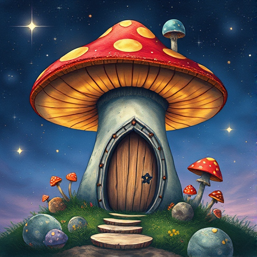 this picture is illustration of a mushroom house with a door and a window, a storybook , fantasy art, mushroom house, bg starry sky, sparkles