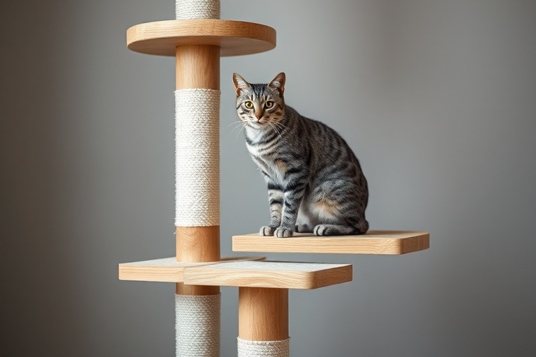 Regenerate an image of a cat tree made of natural wood, featuring a grey spotted cat sitting on one of the platforms, with a neutral grey background, using a DSLR camera, f/2.8 aperture, 1/125 shutter speed, 50mm lens, and soft lighting to enhance detail and texture.