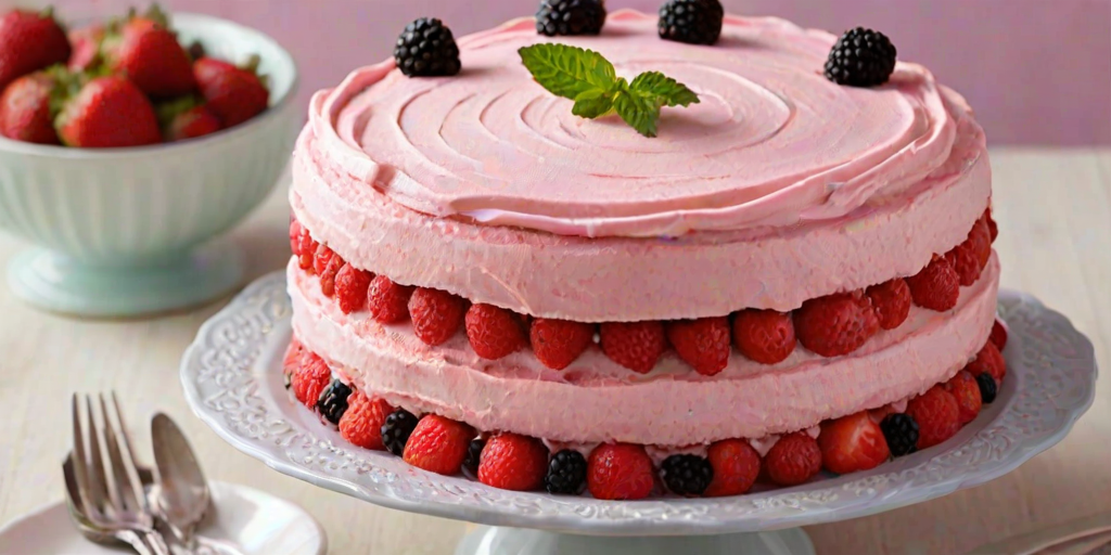 Create an image of a layered cake with vibrant pink frosting. The cake should have three distinct layers filled with various fruits like strawberries and blackberries, and be topped with fresh berries and mint leaves. The background should be light and soft to highlight the cake's colorful layers.