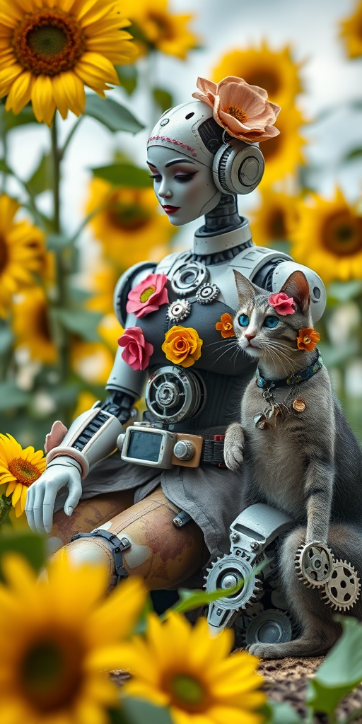 Create a whimsical steampunk scene featuring a humanoid robot woman in a stylish outfit with gears and flowers, sitting next to a mechanical cat, with a background of vivid sunflowers, captured using a DSLR camera with a 50mm lens, aperture set to f/1.8 for a shallow depth of field, ISO 100, and natural lighting for enhanced detail and vibrancy.
