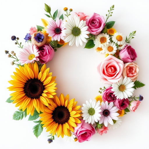 Create a vibrant watercolor floral wreath featuring diverse flowers such as sunflowers, roses, and daisies, captured with a Canon EOS 5D Mark IV at f/2.8, ISO 100, using a shallow depth of field and natural light for enhanced color saturation and sharpness.