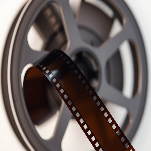 Create a high-quality vector image of a film reel with an attached strip of film, using a Canon EOS R5 camera, 50mm lens, aperture set to f/1.8, ISO 100, with a shallow depth of field and soft lighting to enhance details and textures.