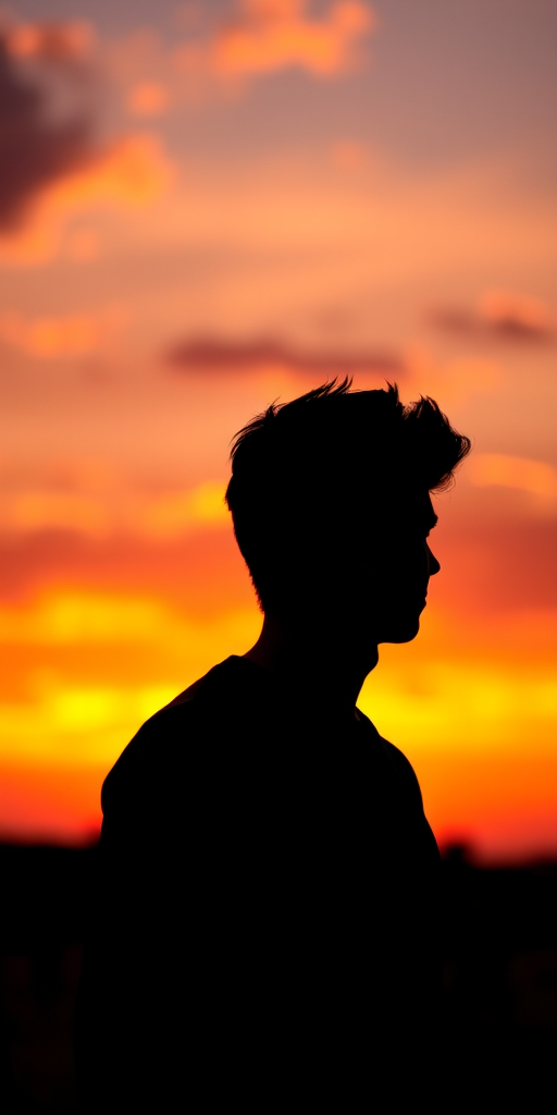 Capture a high-resolution image of a silhouette against a vibrant sunset, using a Canon EOS R5, 50mm lens, aperture f/1.8, shutter speed 1/200 sec, and ISO 100, with a focus on dramatic lighting and rich colors.