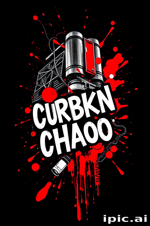 Trash polka style tattoo, "Urban Chaos," juxtaposing bold, graphic elements in solid black with splashes of vibrant red, incorporating typography, photorealistic imagery, and abstract shapes to create a dynamic and edgy composition