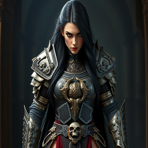 Create a photo of a fierce female warrior with long black hair, wearing an ornate, metallic armor. The armor includes a breastplate with intricate designs, shoulder guards, and gauntlets. The breastplate is decorated with a central emblem, possibly representing a mythical symbol, and has a sculpted, form-fitting design. She wears a belt with a large skull ornament at the center, and her armor extends into a partial skirt, revealing one leg. The overall look is both protective and stylish, with a dark, gothic aesthetic. The background is dimly lit, suggesting a medieval or fantasy setting, enhancing the warrior's imposing presence and intense expression.