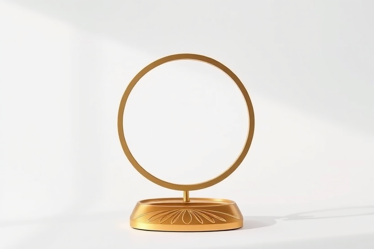 Regenerate a sleek, modern emblem featuring a gold circular frame with a decorative base, using a DSLR camera at f/2.8 aperture, ISO 100, 50mm lens, in a well-lit studio setting with a slight shadow for depth.