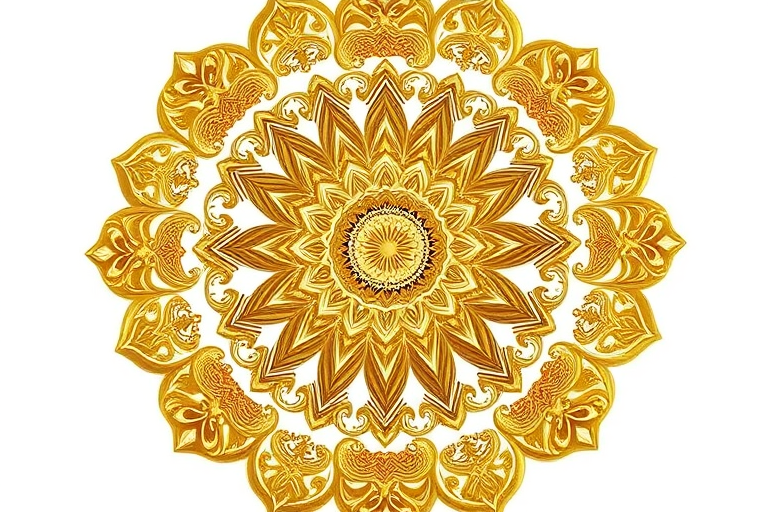 Create a high-resolution image of an intricate gold mandala pattern on a white background, using a Canon EOS R5 camera, f/8 aperture, ISO 100, 50mm lens, top-down view, and soft natural lighting to enhance details and texture.