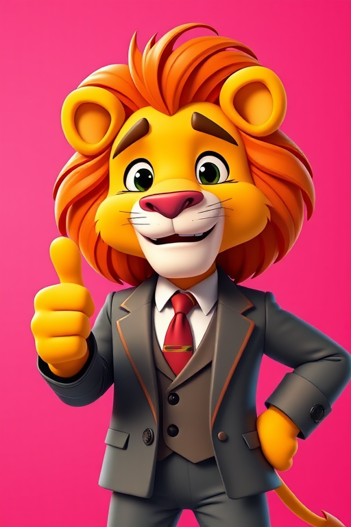 Create a vibrant cartoon character of a lion in a suit giving a thumbs up, with a bright pink background, using a Canon EOS R5, 50mm lens, aperture f/1.8, ISO 100, shot from a slightly low angle for a dynamic perspective.