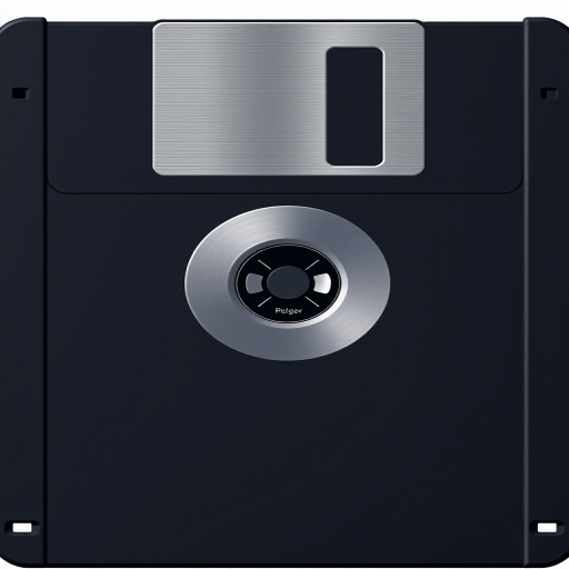 Create a high-resolution illustration of a classic black floppy disk with a glossy finish, viewed from a straight-on camera angle, using a DSLR camera, f/2.8 aperture, and ISO 100 for clarity and detail.