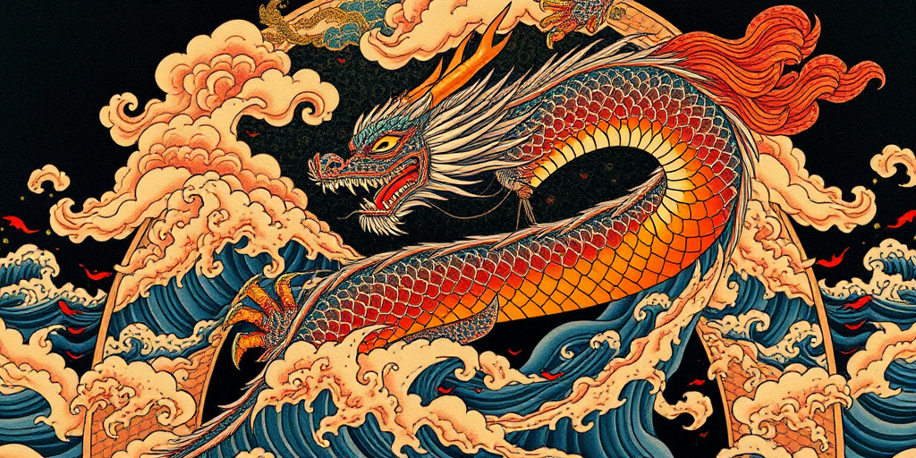 Japanese irezumi-inspired full back tattoo named "Dragon's Ascent" portraying a fierce dragon emerging from stormy waves with intricate scales and clouds in rich blues, reds, and gold
