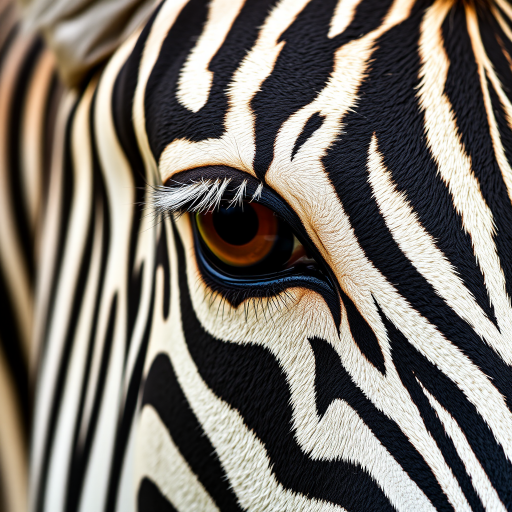 Close-up of a zebra’s face, focusing on its eye. The zebra’s distinctive black and white stripes are prominent, with its large brown eye showing detailed lashes and a slight reflection. The texture of the zebra’s skin and fur is visible, creating a sharp contrast between the dark and light stripes.