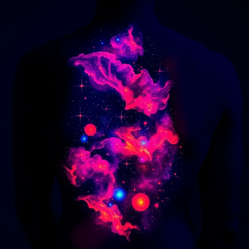 Cosmic blacklight tattoo revealing a hidden galaxy scene on the back when exposed to UV light, with glowing nebulas and shimmering stars