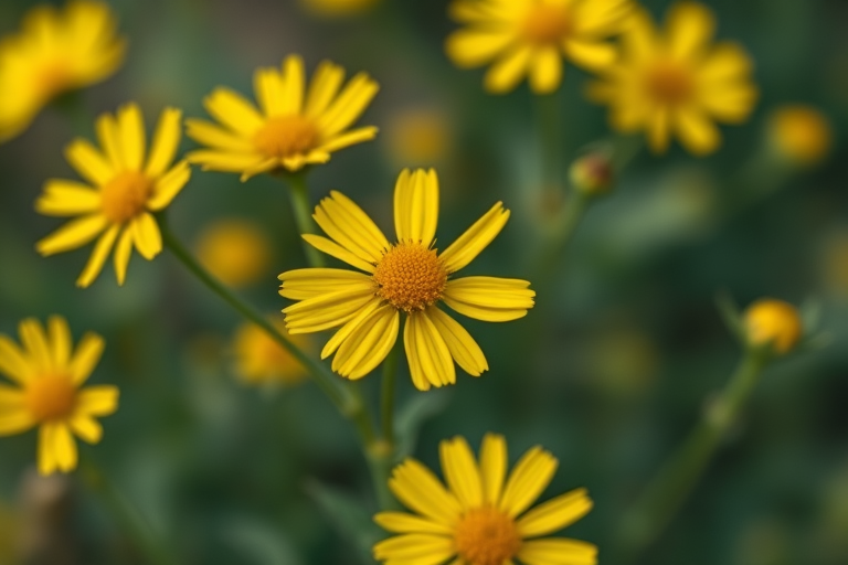 Regenerate a detailed illustration of yellow flowers with a soft-focus background, using a Canon EOS 5D Mark IV, aperture f/2.8, shutter speed 1/200s, ISO 100, macro lens, natural lighting, top-down perspective for enhanced clarity and depth.