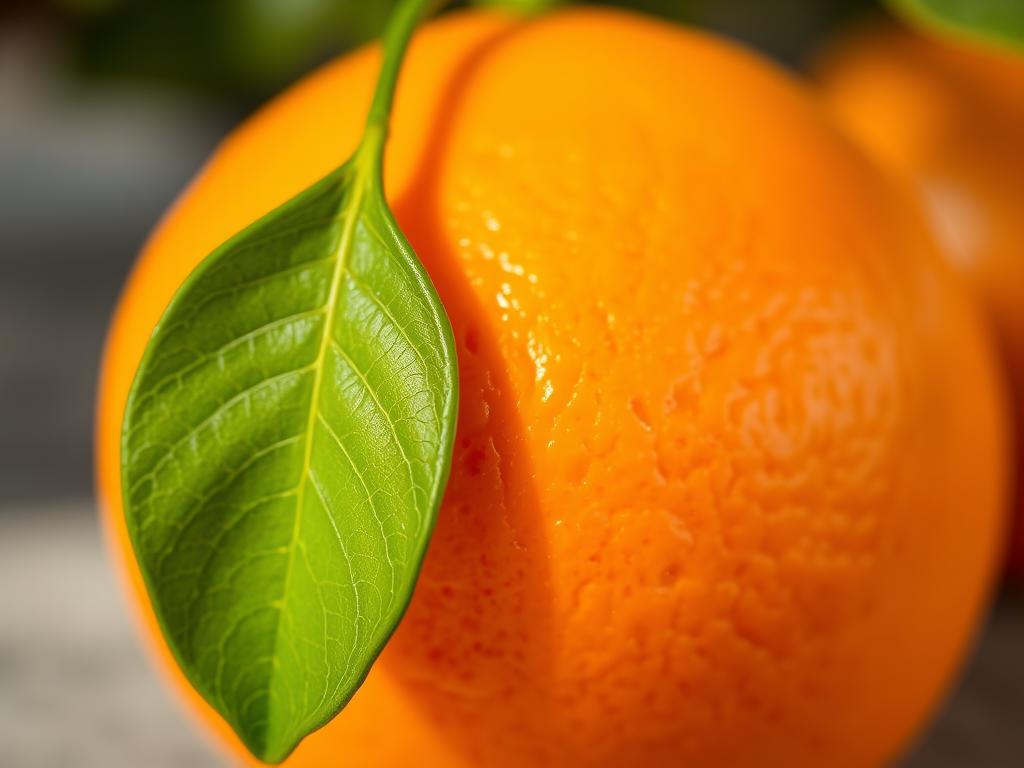 Create a highly detailed and vibrant image of a fresh orange with a green leaf, using a Canon EOS R5 camera, 50mm lens, f/1.8 aperture, ISO 100, natural lighting, and a shallow depth of field to enhance the texture and color.
