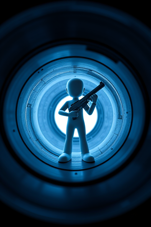 Create a 3D render of a humanoid figure holding a gun, positioned at the center of a gun barrel spiral, using a 50mm lens, f/1.8 aperture, ISO 100, shot from a low-angle perspective with dramatic lighting, in a studio setting.