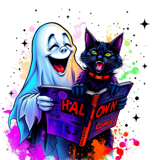 Image of a ghost and a black cat laughing exaggeratedly , and reading a comic halloween comic book, alcohol ink airbrush style, funny halloween theme, white background with neon purple, neon orange, neon green splash, black sparkles stars , dazzling BG