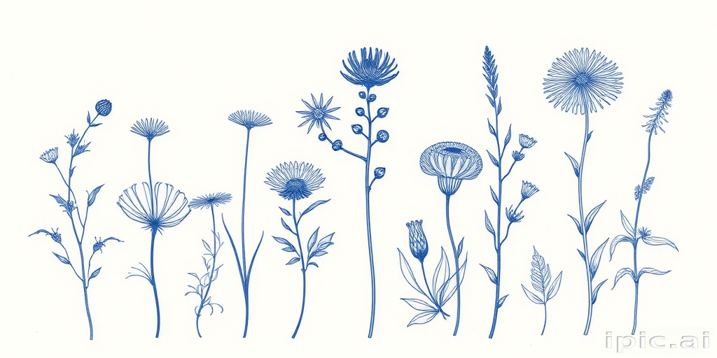 Fine line tattoo named "Botanical Blueprint" showcasing highly detailed scientific illustrations of various plant species in a delicate monochrome blue ink