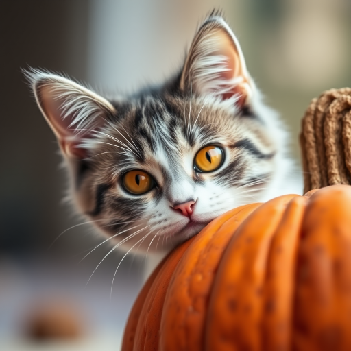A gray and white cat with bright orange eyes peeking over the edge of a textured pumpkin, captured in a shallow depth of field with a 50mm lens at f/1.8, ISO 100, and a soft focus background, using a DSLR camera to enhance image quality.
